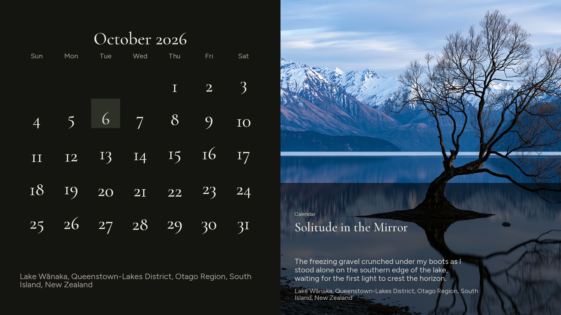 Calendar: A month wall beside the photograph, the same quiet calendar the website keeps.